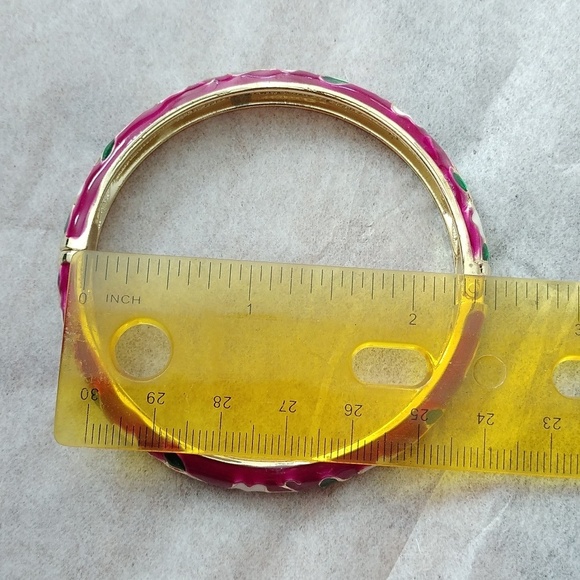 Vintage Fuchsia Enamel Cloisonne Goldtone Floral Bangle Bracelet Hinge Opening - Picture 11 of 11